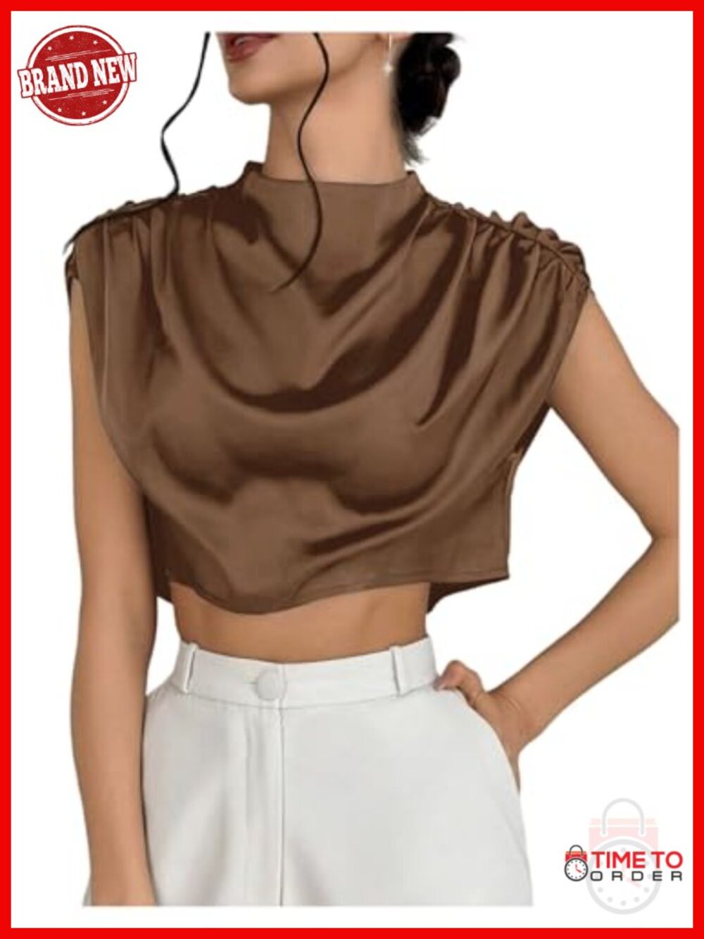 Satin Crop Top with Gathered Shoulders - Brown